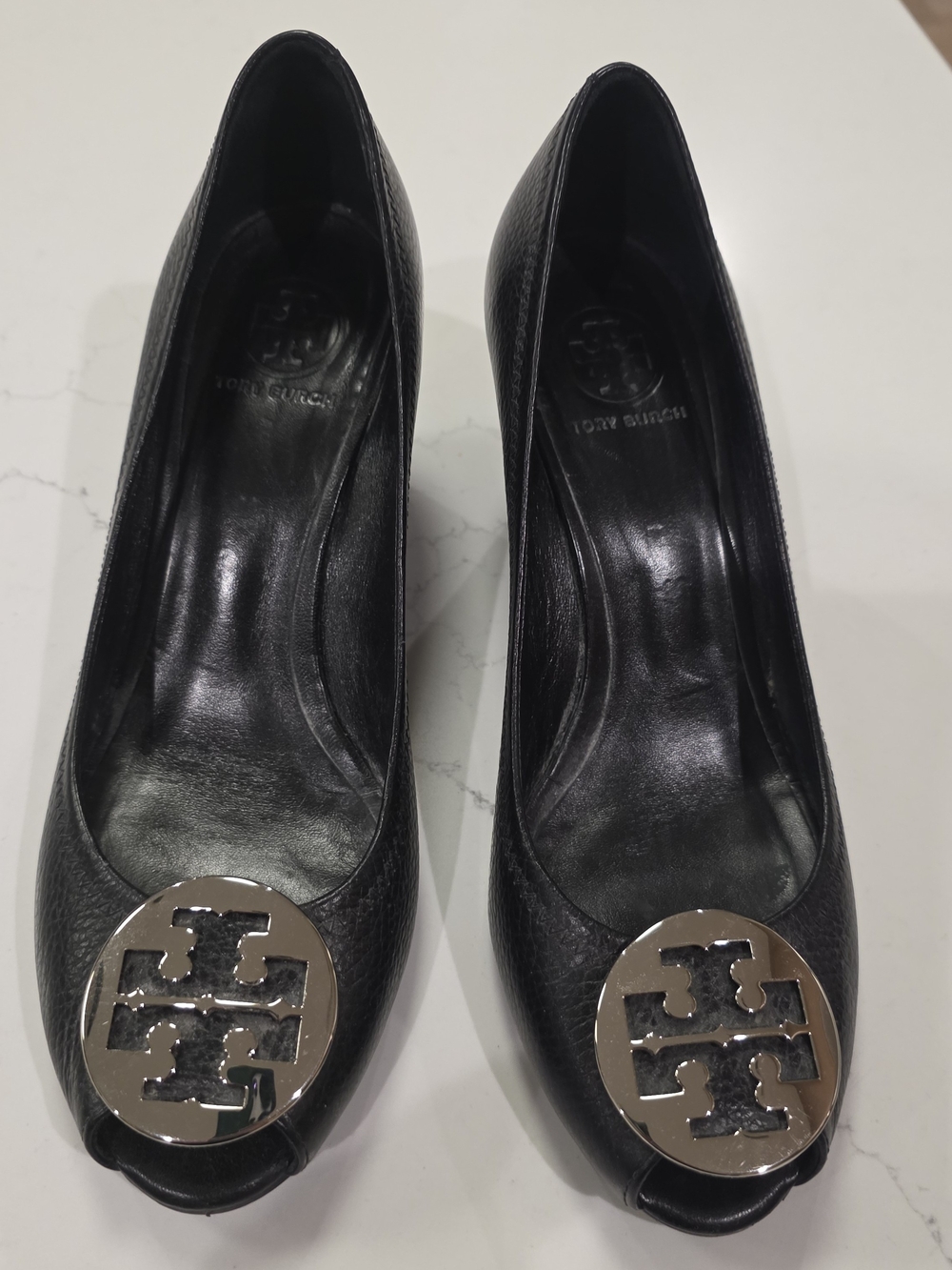 Tory Burch Black Leather Logo Peep Toe Pumps with Gold Medallion